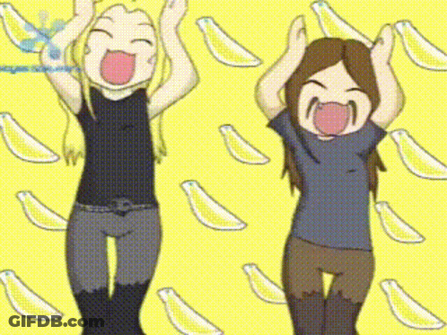 Two Cartoon Girls With Arms In The Air GIF