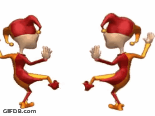 Two Cartoon Jesters Are Dancing Together With Their Arms Outstretched GIF