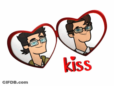 Two Cartoon Men In Heart Frames With Kiss In Red GIF