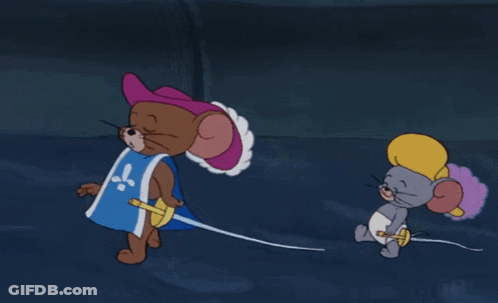 Two Cartoon Mice Carrying Swords Are Walking In A Dark Room GIF