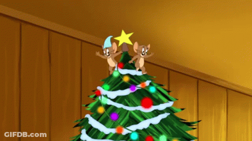 Two Cartoon Mice Stand On Top Of A Christmas Tree GIF