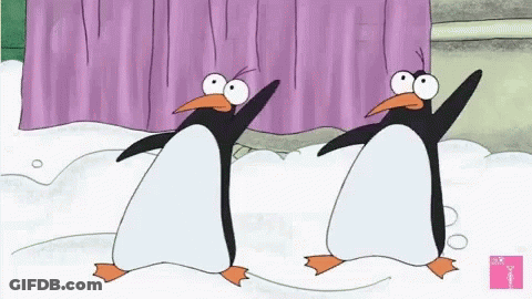 Two Cartoon Penguins Are Dancing In Front Of A Purple Curtain GIF