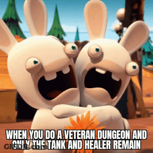 Two Cartoon Rabbits Are Hugging Each Other With A Caption That Says When You Do A Veteran Dungeon GIF