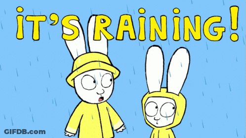 Two Cartoon Rabbits In Yellow Raincoats With The Words It 'S Raining GIF