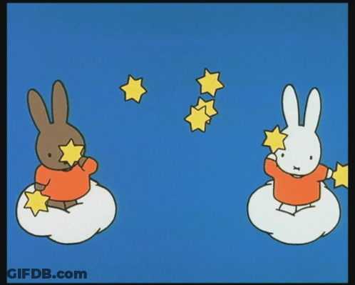 Two Cartoon Rabbits Sitting On Clouds Holding Stars GIF
