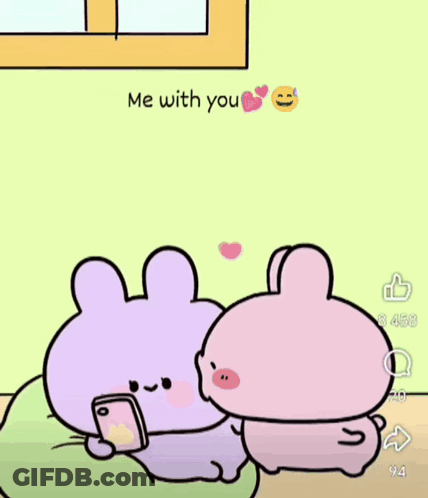 Two Cartoon Rabbits Sitting, One Holding Cell Phone GIF