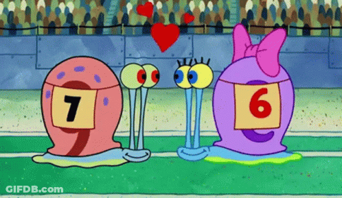 Two Cartoon Snails Wearing Numbers 7 And 6 Are Standing Next To Each Other GIF
