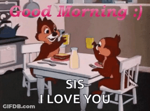 Two Cartoon Squirrels Are Sitting At A Table And Saying Good Morning . GIF