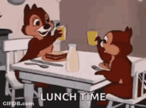 Two Cartoon Squirrels Are Sitting At A Table With A Bottle Of Milk And A Sandwich . GIF