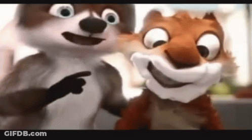 Two Cartoon Squirrels Are Standing Next To Each Other And One Is Pointing At The Camera . GIF