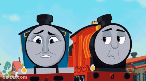 Two Cartoon Trains Are Standing Next To Each Other With Sad Faces On Their Faces GIF