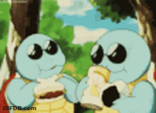 Two Cartoon Turtles In Sunglasses Eating Hamburgers In Woods GIF