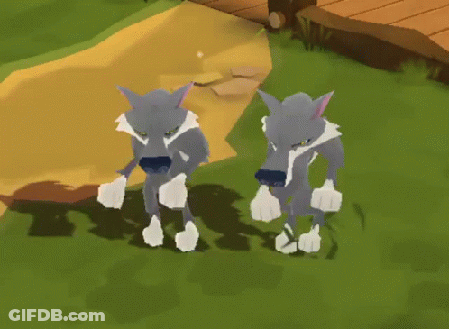 Two Cartoon Wolves Standing Next To Each Other In Video Game GIF