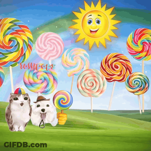 Two Cats And Dog Surrounded By Lollipops Sign GIF