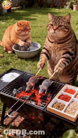 Two Cats Are Roasting Mice On A Grill With A Bowl Of Water In The Background GIF