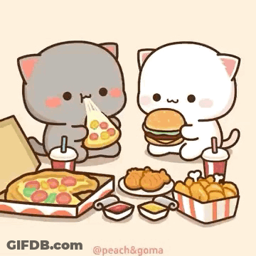 Two Cats Are Sitting At A Table Eating Pizza And Chicken Nuggets . GIF
