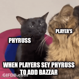 Two Cats Are Sitting Next To Each Other With The Caption When Players Sey Phyruss To Add Bazar GIF