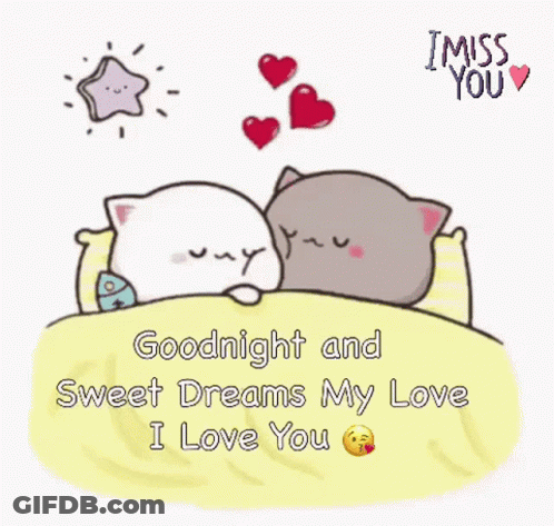 Two Cats Are Sleeping In A Bed With Hearts Flying Around Them And The Words `` Goodnight And Sweet Dreams My Love I Love GIF
