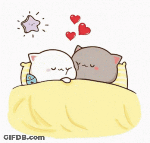 Two Cats Are Sleeping In A Bed With Hearts Flying Around Them GIF