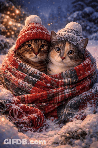 Two Cats Are Wrapped In A Scarf And Hats In The Snow GIF