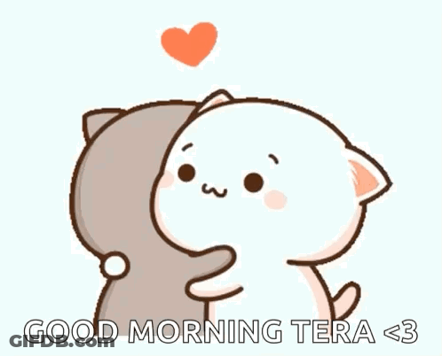 Two Cats Hugging With Heart Saying Good Morning Tera <3 GIF