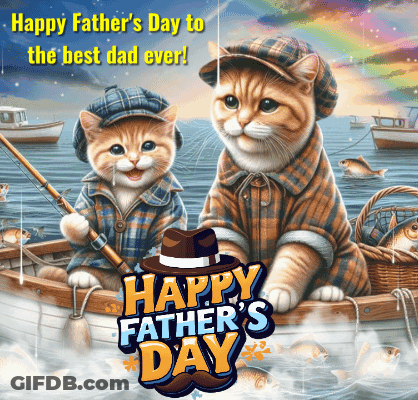 Two Cats In A Boat With The Words Happy Father 'S Day GIF