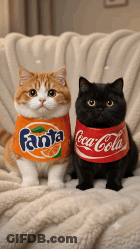 Two Cats In Coca Cola And Fanta Shirts GIF