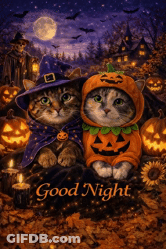 Two Cats In Halloween Costumes Sitting Together GIF