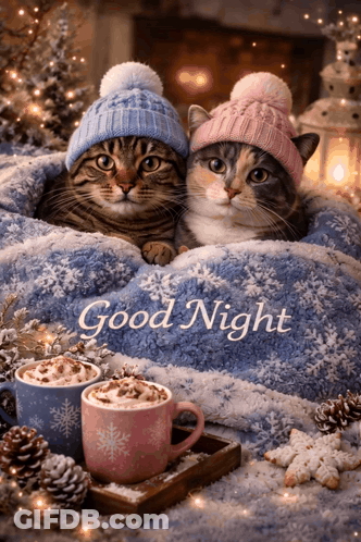 Two Cats In Knitted Hats With Hot Chocolate GIF
