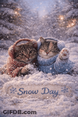 Two Cats In Sweaters And Ear Muffs In Snow GIF