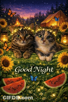 Two Cats Laying In Sunflowers And Watermelon Good Night GIF