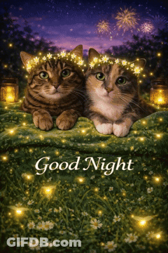 Two Cats Laying On A Blanket With Fireworks In The Background And The Words " Good Night " GIF