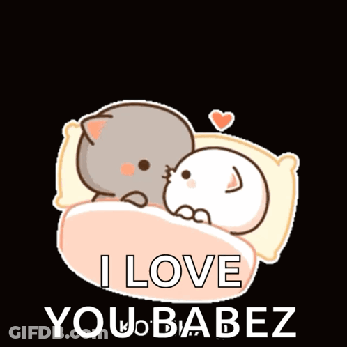 Two Cats Laying On Bed Saying I Love You Babez GIF