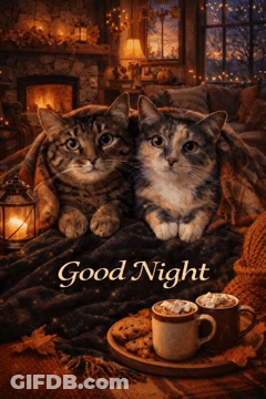 Two Cats Laying Under A Blanket With The Words Good Night Written On The Bottom GIF