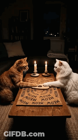 Two Cats Sitting At Table With Meow Board And Candles GIF
