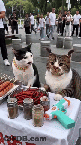 Two Cats Sitting At Table With Toy Gun GIF