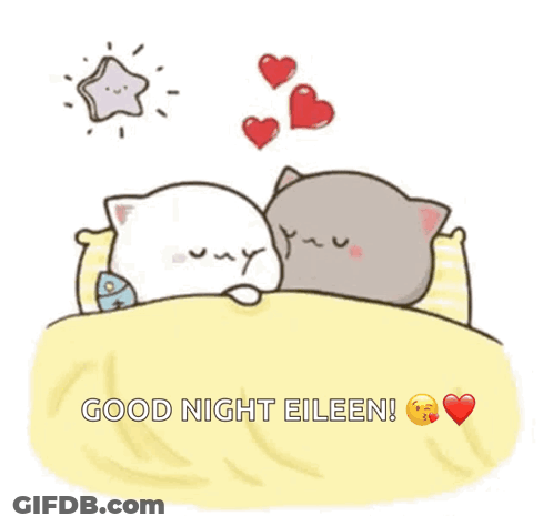 Two Cats Sleeping In Bed With Hearts And Good Night Eileen GIF