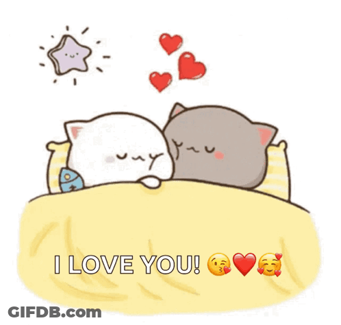 Two Cats Sleeping In Bed With Hearts GIF