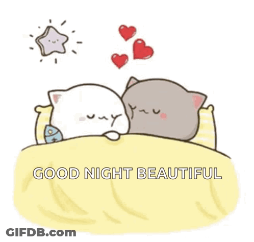 Two Cats Sleeping In Bed With Hearts Saying Good Night Beautiful GIF