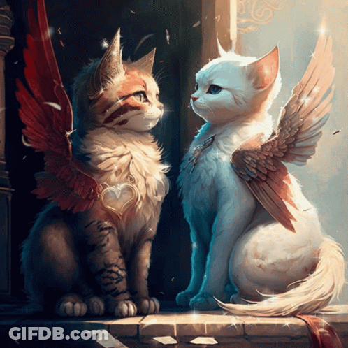Two Cats With Angel Wings Looking At Each Other GIF
