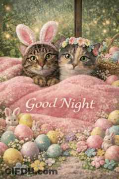 Two Cats With Bunny Ears In Bed With Easter Eggs GIF