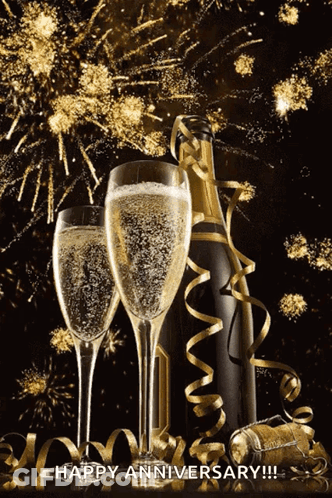 Two Champagne Glasses And Bottle With Happy Anniversary GIF