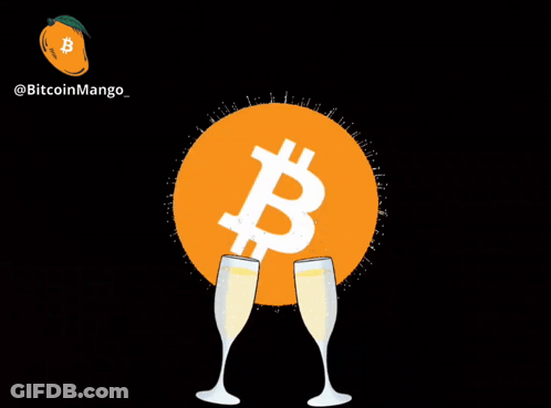 Two Champagne Glasses Toasting In Front Of Bitcoin Logo GIF