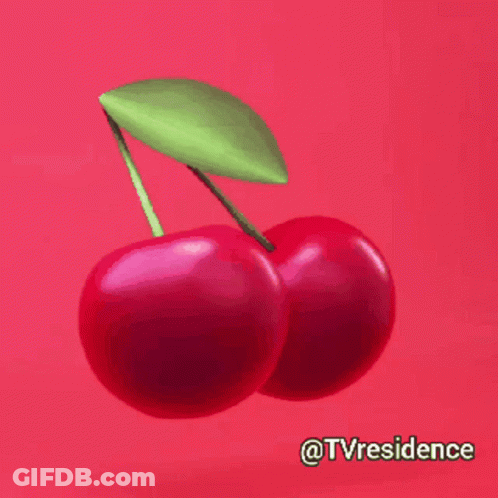 Two Cherries With A Green Stem And Leaf On A Red Background GIF
