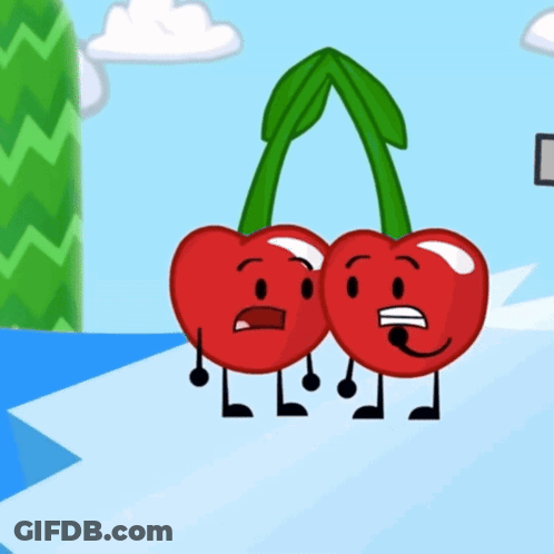 Two Cherries With Arms And Legs On Ice GIF