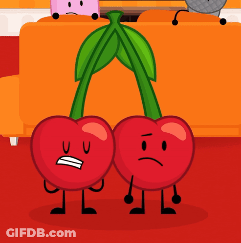 Two Cherries With Faces And Arms Are Standing Next To Each Other In Front Of An Orange Couch GIF