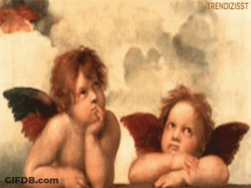 Two Cherubs With Wings Looking Up At Sky GIF