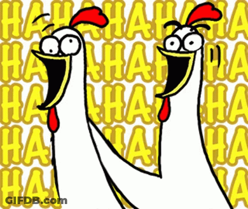 Two Chickens Are Laughing In Front Of A Background That Says Ha Ha Ha Ha Ha GIF