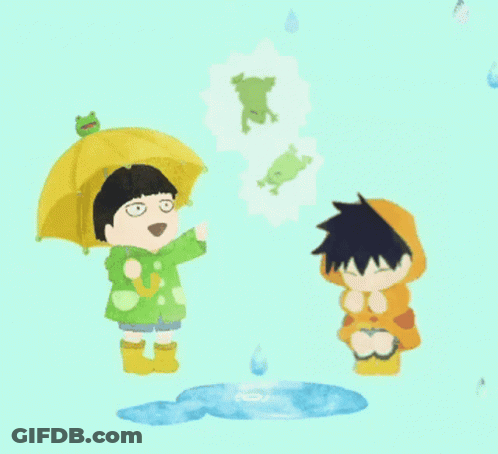 Two Children Are Playing In The Rain And One Has A Yellow Frog On His Umbrella GIF