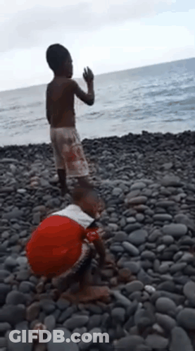 Two Children Are Playing On A Rocky Beach Near The Water GIF